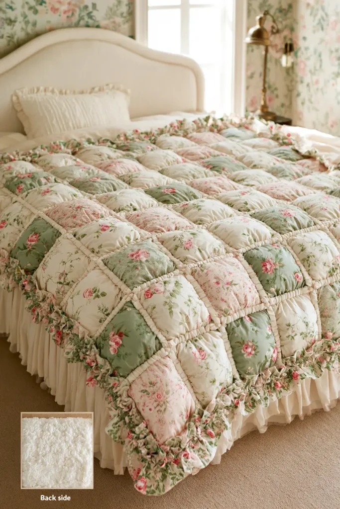 Vintage Floral Puff Quilt with Romantic Cottage Prints