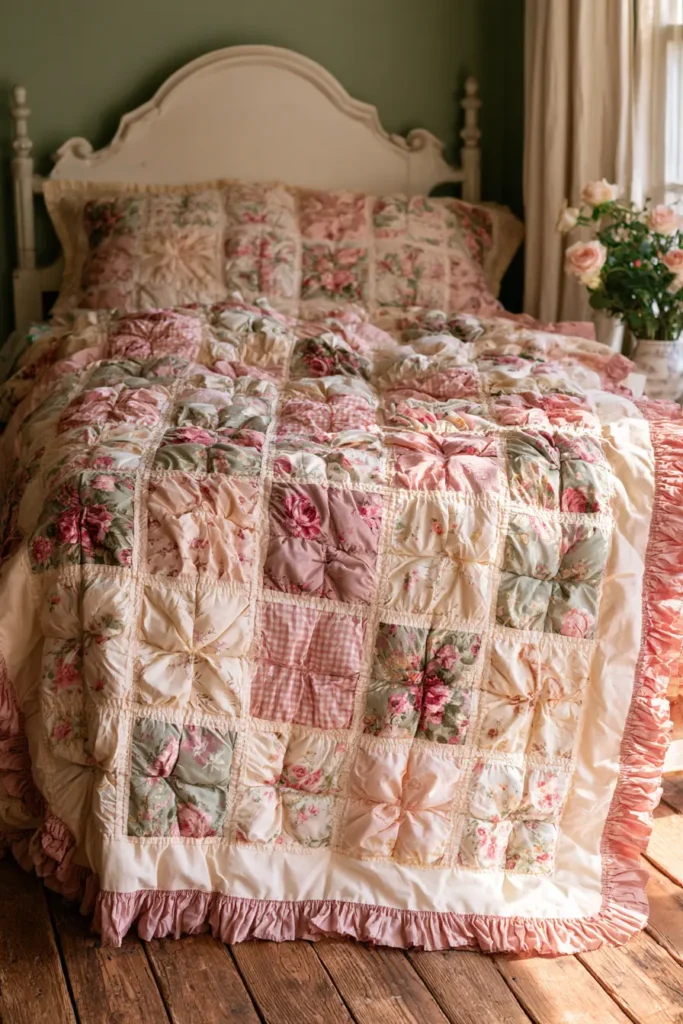 Vintage Floral Puff Quilt with Romantic Cottage Prints